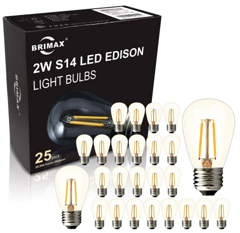 BRIMAX 25PACK S14 Outdoor String Light Bulbs 230V,Shatterproof E27 LED Bulb | Warm White Festoon Light Replacement Bulbs ,Non-Dimmable, 2W S14 LED Bulbs for Festoon/Patio/Garden String Lights