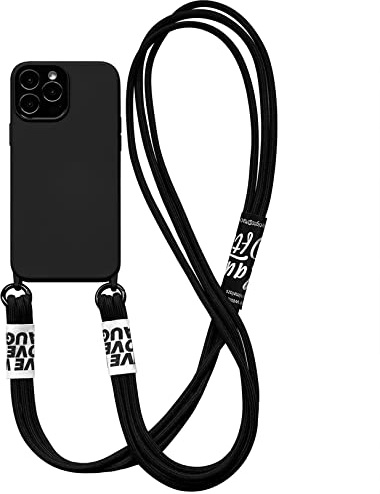 Emlivi Handykette Hülle für iPhone 13 Pro Max Necklace Handyhülle Nylon Schultergurt Liquid Silikon Cover mit Kordel zum Umhängen Schutzhülle mit Stylische Band Case für iPhone 13 Pro Max, Schwarz