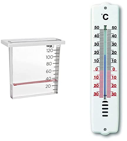 TFA Dostmann 47.1014 - Analizador de Lluvia analógico para Vallas y barandillas (195 x 45 x 255 mm) + Termómetro de Interior y Exterior, plástico, Color Blanco