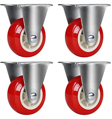 WORDFUN 4 Er-Packung, Polyurethan Bockrolle, Geräuschlose Stielrollen Mit Bremse, Möbel Lenkrolle, Rot 360 Grad Drehbar, Für Kinderbettwagen, Servierwagen, Plattformwagen, 1/2/3 Zoll,