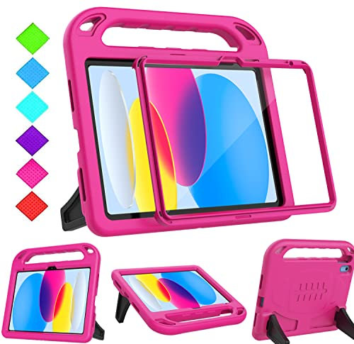 Surom Kids Case for iPad (A16) 11th Generation (11-inch, 2025)/iPad 10th Generation (10.9-inch, 2022), with Built-in Screen Protector, Shockproof Light Weight Handle Stand Case for Kids, Rose