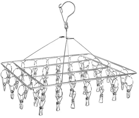 BARGAIN FACTORY Metal Sock Hanger with 36pcs Pegs and Swivel Hook, Stainless Steel Heavy Duty Drying Rack Windproof Laundry Metal Square Hanger for Socks, Underwear and Small Items.
