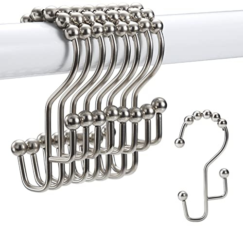 Shower Curtain Rings, SUTINE Double Shower Curtain Hooks, Rust-Resistant Stainless Steel Shower Curtain Rings, Easy Sliding Metal Shower Hooks for Shower Curtains & Liners, 12pcs-Matte Nickel