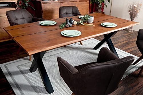 SAM Baumkantentisch 200 x 100 cm Polly, Epoxidharz-Adern in Schwarz, Akazienholz massiv + nussbaumfarben, Esstisch mit X-Eisengestell Schwarz, Tischplatte 26 mm, Esszimmertisch mit echter Baumkante