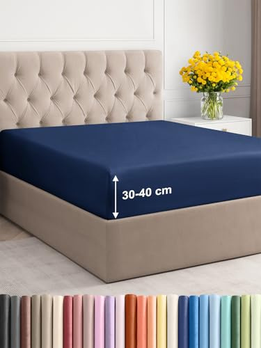 Sábana Bajera 180x200 - Microfibra Bolsillo 40cm (16) - Azul Marino | Suave, Transpirable, Antiarrugas, Sin Planchado, Cepillada, Goma Elástica, Colchón Alto, Hipoalergénica, Topper, OEKO-TEX