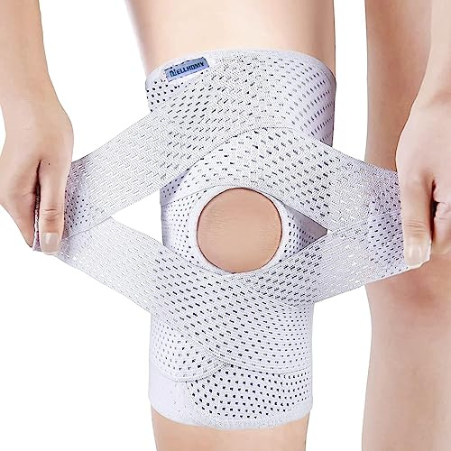 Professionelle Kniestütze,Kniebandage mit Offen Patella Pads & Feder Seitenstabilisatoren,Verstellbare Kniebandage mit v-förmiges Band für ACL Arthritis Verletzungen Wiederherstellung(Weiß,S)