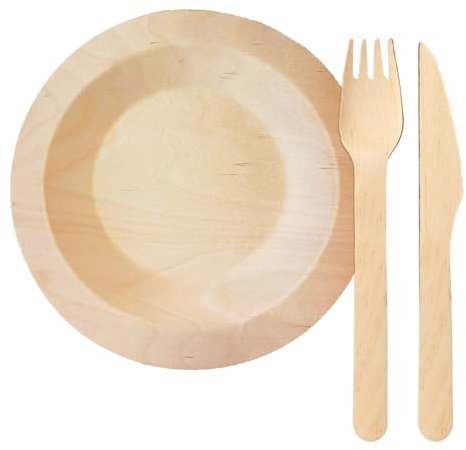 Wisefood Service de table en bois de bouleau - 25 assiettes, 25 couteaux, 25 fourchettes - Assiettes rondes Ø 23 cm - Couverts 16 cm - Assiettes jetables - Vaisselle de fête - Vaisselle jetable (1