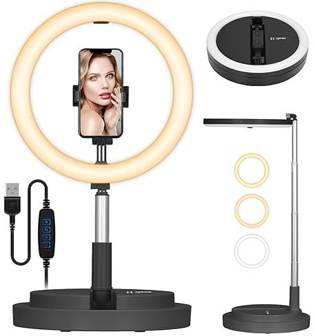 TARION Anello luminoso con supporto: anello luminoso da tavolo a LED da tavolo con supporto per telefono, illuminazione ad anello pieghevole per selfie, foto, videoconferenze, trucco, streaming live