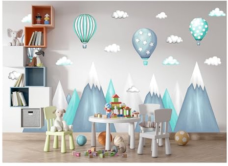 Wandtattoo kinderzimmer berge Nordic Bergen Aufkleber Wandaufkleber Kind Baby Kindergarten Zimmer Gebirge luftballons Ballons Ballon Wolken Wolke Landschaft Wanddeko Baby Kinder Sticker 318cm x 182cm