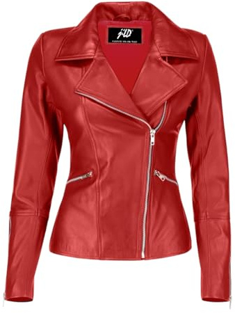 Jild Women's Asymmetrical Zip-Up Real Lambskin Leather Motorcycle Jacket - Casual Fashion Moto Biker Leather Jacket Women (BW-Red-M)