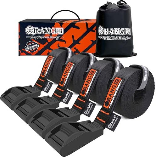 ORANGEE® 4 Pack 'No Scratch' Cam Buckle Tie Down Strap for Surfboards, Kayaks, SUP Paddleboards, Canoes, Snowboards - 15FT Long & Silicone Protective Cover On Buckle (1,100LB Break Strength Per Strap)