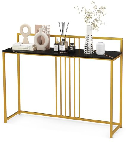 LIFEZEAL Konsolentisch Marmor, Schmaler Eingangstisch mit Metallgestell, Moderner Flurtisch in kandinavischer Stil, Multifunktionaler Beistelltisch für Wohnzimmer Flur, 120x32,5x88cm, Gold (Schwarz)