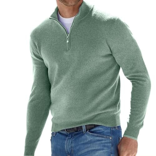 Suéter básico de cachemira con cremallera para hombre, suéter de punto con cuello redondo para hombre, suéter de manga larga suave al tacto con cremallera de un cuarto, Verde, XXX-Large