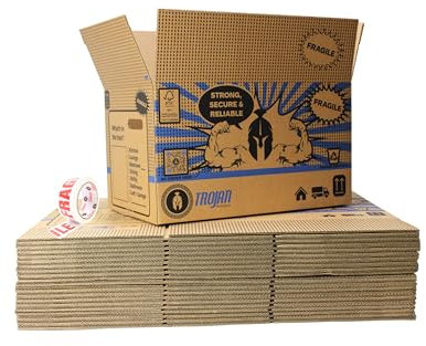 Trojan 20 Pack Large Double Wall House Moving Boxes 51 x 29 x 29cm Free Roll of Fragile Tape, 43L Storage Convenient Hand Holes Room List for Home Removals Durable Packing Storage Boxes, Recyclable