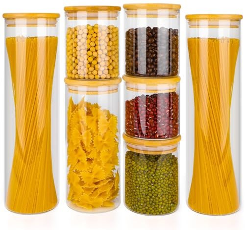 Otauoaea Set di 7 barattoli con coperchio, ermetici, con coperchio in legno, per chicchi di caffè, grani, noci, farina, pasta, spaghetti