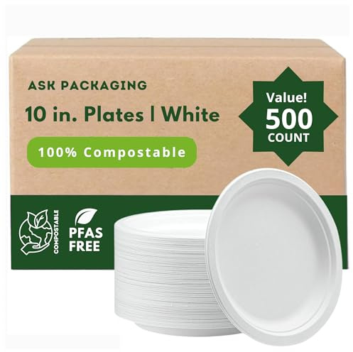 Strong Paper Plates 10 Inch 500 Pack, Heavy Duty Disposable Dinner Plates | Bagasse Plates for Hot Food, Microwave Safe, Compostable, Eco-Friendly, Biodegradable Plate, for Parties, Weddings, Picnics