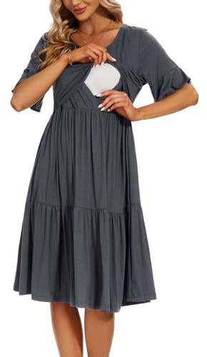Smallshow - Vestito premaman e da allattamento con maniche corte e arricciature per donne, Grigio scuro, XXL