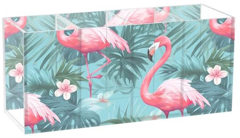 CHIFIGNO Dekorativer Stifthalter für den Schreibtisch, Palmenblätter, rosa Flamingos, Blumen, Stifthalter, Marker-Organizer, Acryl-Make-up-Pinselhalter, 4 Fächer für Zuhause, Schule, Büro