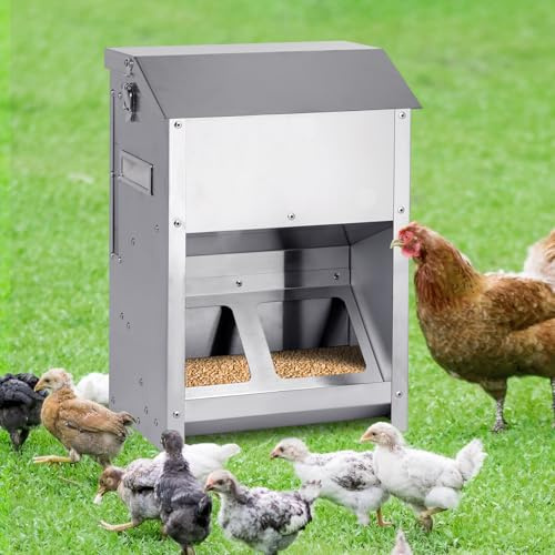 MUALROUS Comedero Automático de Pollos de 9kg, Sin Desperdicio Alimentador De Alimentos de Gallinero Grande de Acero Inoxidable con Ventana Visual y Tapa a Prueba de Lluvia para Pollo Pato Pavo