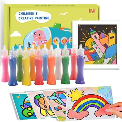 Aszaui Kit de bricolage créatif pour enfants, avec 12 bouteilles de sable coloré, 24 feuilles de sable de peinture, pour enfants à faire soi-même des griffonnages
