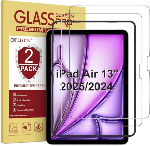 OMOTON für iPad Air 13 Zoll (2025/2024) für Panzerglas, kompatibel mit iPad Air 13 Zoll (2025 M3/2024 M2) Schutzfolie, 9H Härte Folie, Anti- Kratzer, HD-Klar, 2 Stück