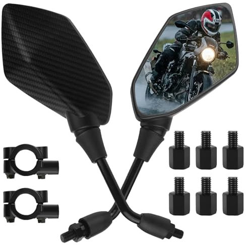 VBGURR 2Pcs Motorcycle Mirrors Universal 360°Adjustable Carbon Fiber Bar End Mirrors Motorcycle with 8MM & 10MM Screw High Definition Motorbike Wing Mirrors