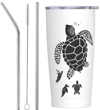 VOSERY Botella de agua de 20 onzas con tapa y popote, vaso aislado de acero inoxidable con diseño de familia de tortugas marinas, taza de café de viaje, vaso personalizado