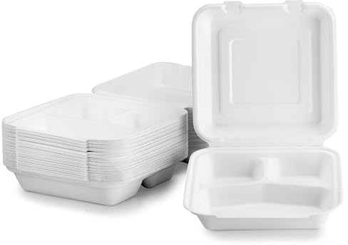 CaterCo Disposable Bagasse Clamshell Food Containers - 8 x 8 inch 3 compartment 50 Pack, Biodegradable Sugarcane Container, Compostable, Eco-Friendly, Takeaway Boxes, 50 Pack (8x8 Inch, 3 Compartment)