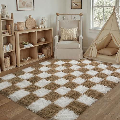 HUGEAR Tappeto Salotto 120x180cm Marrone Bianco a Quadri