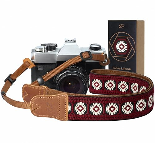 Padwa Lifestyle Kameragurt - 1.5 Breite Verrückte Pferd Kuhfell Kopf Kameragurte für Fotografen, Reine Baumwolle Bestickter Verstellbare Schulter-Nacken-Gurt für DSLR-Kameras（Rote Diamant）