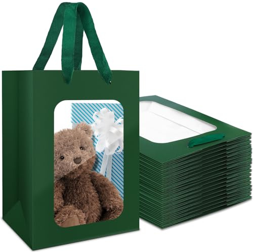 EUSOAR Papiertüten mit Fenster - 20 Stück Dunkelgrün Geschenktüten mit Henkel - 230GSM Papier Tüten Verpackungstüten - 20x16x30cm Papiertüten mit Sichtfenster - Geschenktaschen Gift Bag