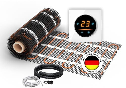 Elektrische Fußbodenheizung: Zweiader-Heizmatte WARMON ULTRA 200 W/m² mit WiFi-Thermostat OKE-25 Touch und schwarzem Garda Glass-Abdeckrahmen, Thermostat:OKE25 Garda Weiß, Mattengröße:3,5 m²