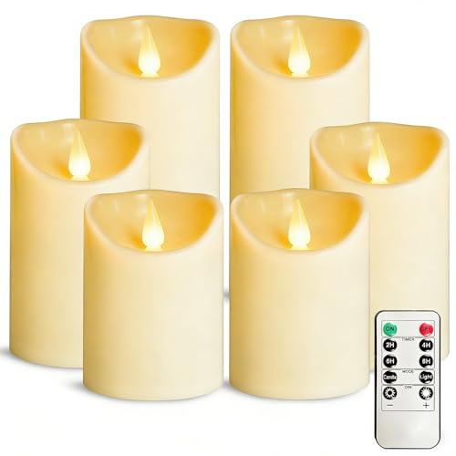 OSHINE Flamlösa batteriljus i plast – LED-batteriljus uppsättning av 6 elfenben D3 H4 5 tum 15 cm drivet utomhusljus med fjärrkontroll och timer elektriskt falskt flimrande för dekoration fest jul