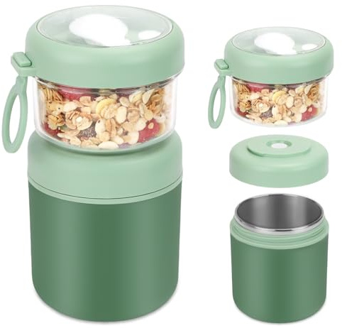 Bugucat Müslibecher to Go Edelstahl,2-in-1 Joghurtbecher to Go 530ml+330ml, Praktischer Müslibecher Mit Löffel,Müsli Becher für Kinder&Erwachsene,Müsli Cup Porridge Becher lunchpot,Grün