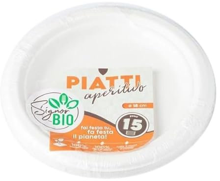 SignorBIO, 15 piatti tondi fondi compostabili e biodegradabili, 15 pezzi