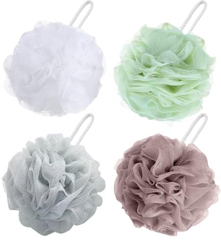 Flintronic 4 Pièces Éponge de Bain, 65g Fleur de Douche Recyclées, Maille Moussante Fleur de Douche Lavable, Fleur de Bain Loofah Unisex, pour Exfolier La Peau Nettoyer La Peau Apaisante