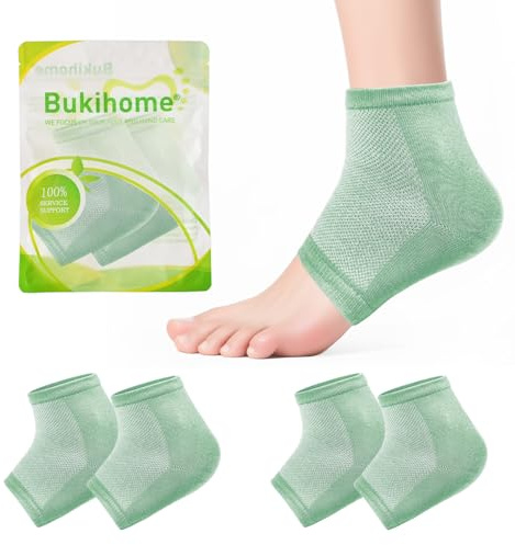 Bukihome Calzini idratanti per il trattamento del tallone screpolato, 2 paia calzini idratanti per piedi secchi e screpolati, calzini in gel senza dita per donne e uomini, Green