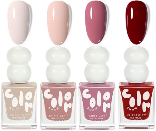 Nail Polish Set,4Pcs Quick Dry & Long Lasting Nude Pink Red Nail Varnish,Glossy High Pigmented Rec Nude Paint,Nail Paint Gel,Non-Toxic Natural Chip Resistant For DIY Nail Art Manicure at Home 12ML