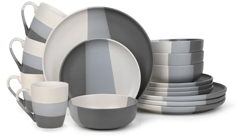 Waterside 16pc Grey & White Dipped Stoneware Dinner Set; 4 Dinner Plates, Side Plates, Deep Bowls & Mugs - Dishwasher & Microwave Safe