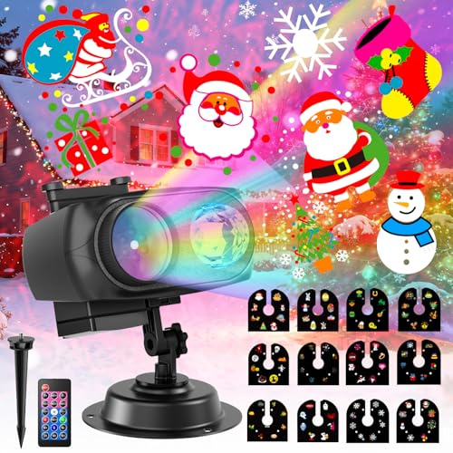 Projektor Weihnachten Außen, 2-in-1 Hologramm Projektor mit 12 Folien 8 Mustern 10 Farben Welleneffekt, Wasserdicht Projektionslampe mit Timer für Weihnachten Fensterdekor