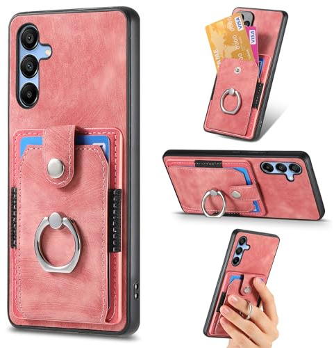 XYZNTMF for Samsung A17 Phone Case Shockproof Wallet Case with Card Holder Ring Stand PU Leather Shell Flexible TPU Bumper Kickstand Anti-Drop Protective Cover for Samsung Galaxy A17, Pink
