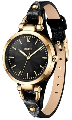 BUREI Damenuhren – Armbanduhr Damen mit Handgemachtem Echtleder & Schmalem Band – Damenuhr Lederarmband für Arbeit & Freizeit – Als Geschenk (Gold-schwarz)