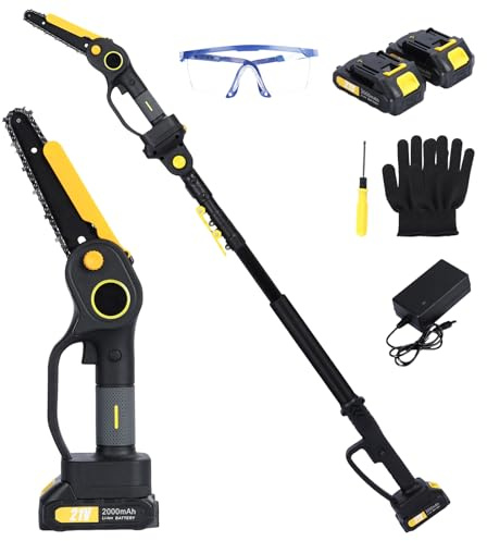 Tronconneuse à Batterie 2 en 1, Mini Tronconneuse avec 2 Batteries de 2,0 Ah, Scie à Perche sans Fil de 4,9 à 7,5 Pieds pour l'Élagage des Arbres, Noir
