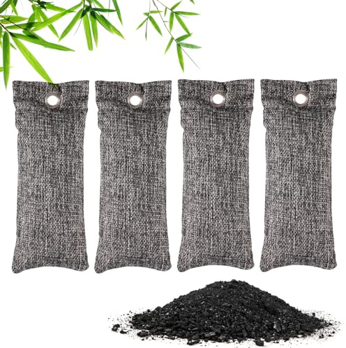 4 Stück Aktivkohle Beutel Gegen Gerüche – Bambuskohle Lufterfrischer, Natürlicher Schuh Geruchsentferner, Wiederverwendbare Sneaker Deodorierer, für Auto, Zimmer, Kleiderschrank, Schuhe (4×100g, Grau)