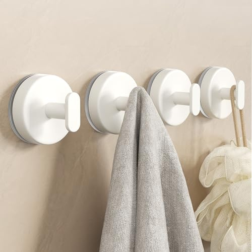 pickpiff Suction Cup Hooks for Shower: Extra Strong 15LB Hanger for Bathroom, Kitchen, Door, Mirror, Tile, Glass –Towel, Loofah, Coat, Robe – Waterproof & Rustproof, White 4-Pack