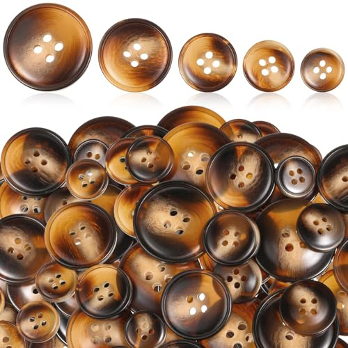 Retro Braun Knöpfe, 50 Stück Harz Buttons 4 Löcher 5 Größen 15/18/20/25/30 mm Rund Knopf Kunststoff Knöpfe zum Annähen Dauerhaft-Knöpfe zum Basteln für DIY Basteln Nähen Deko