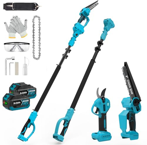 4-in-1 8 Zoll Mini Kettensäge & Akku Elektro Gartenschere für Makita 18V Akkus mit Teleskopstange & 30 mm Akku Astschere, Akku hochentaster mit 2 x 3.0Ah Akku & Bürstenloser, Arbeitsreichweite 4M