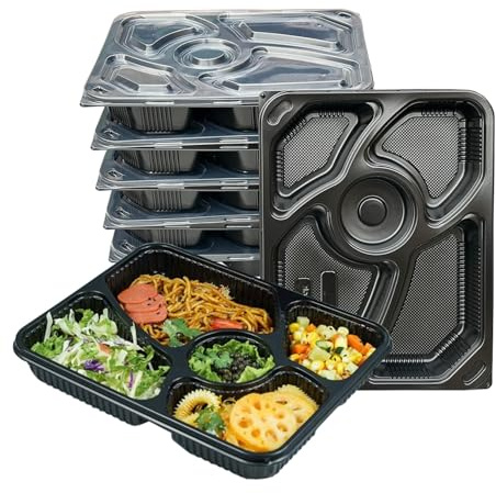 ECONX 20 X 5 Compartment Takeaway Container Meal Prep Containers - Microwavable and Freezer Safe BPA Free PP Plastic Black Lunch Take Away Box Food Storage Box with Lid Bento Takeout Boxes