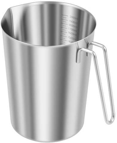 BAODBF 2L Messbecher Edelstahl mit Griff Ausgießlippe Silber(2000ML) | Milchkännchen mit Innenskala für Milchaufschäumer Rührbecher Bar Café 304 Metallkrug Robust Spülmaschinenfest