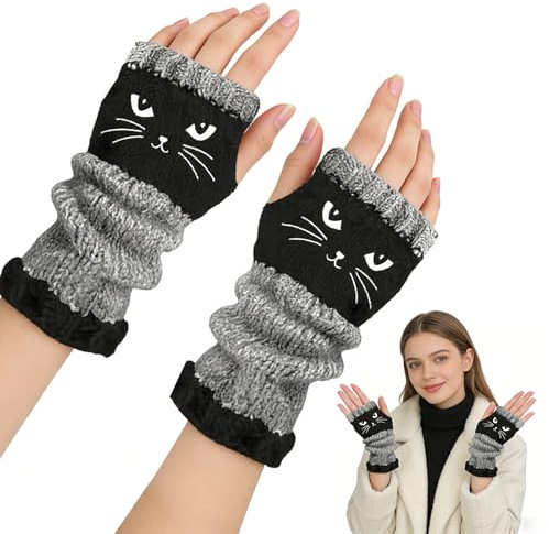 Haokelai Gestrickte Fingerlose Handschuhe, Warme Fingerhandschuh mit Offenen Fingern, Katzen-Stickerei Wärmender Warmer Strickhandschuh für Katzenliebhaber, Frauen, Mädchen, Damen, Mütter